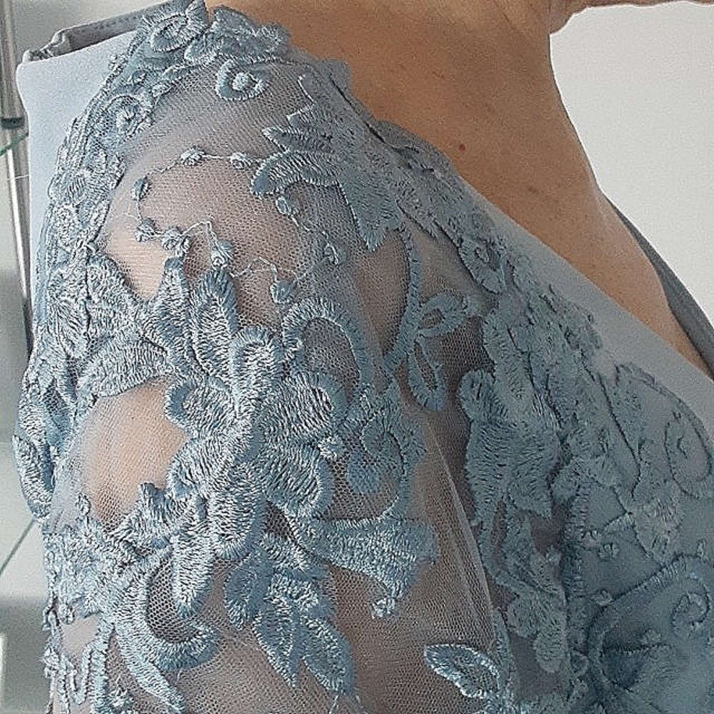 Azazie Light Blue Embroidered Formal Full length Gown. Size 6.